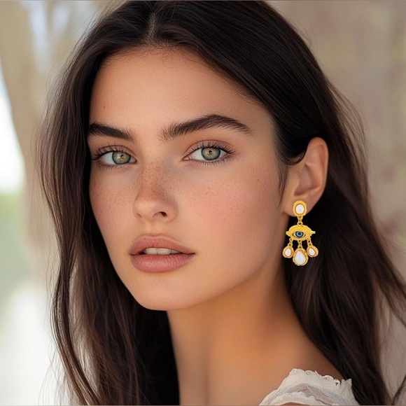 Jewelry - Elegant Gold and Blue Evil Eye Pearl Drop Earrings